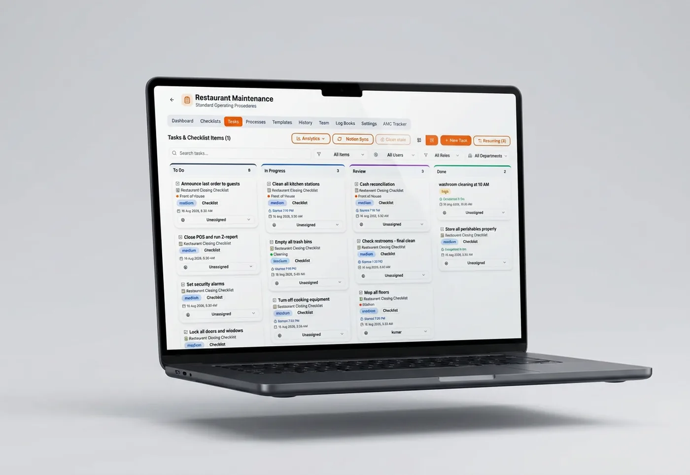 Restaurant maintenance task board shown on a laptop, with tasks and checklist items organized across To Do, In Progress, Review and Done columns