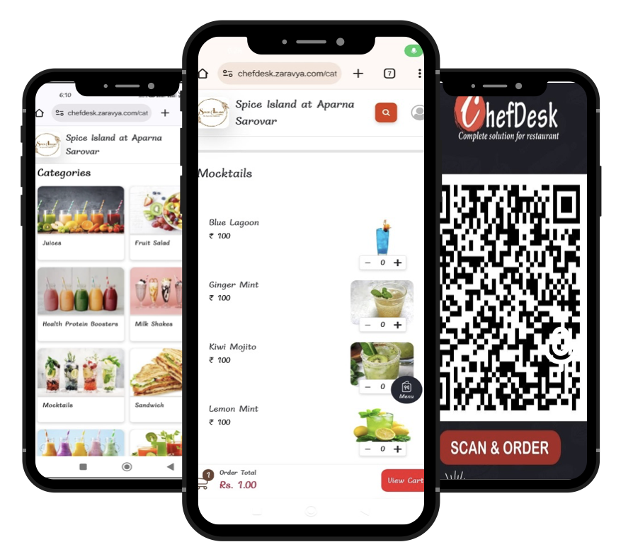 ChefDesk digital storefront: QR scan-to-order menu shown on mobile screens with categories, item images, prices and cart total