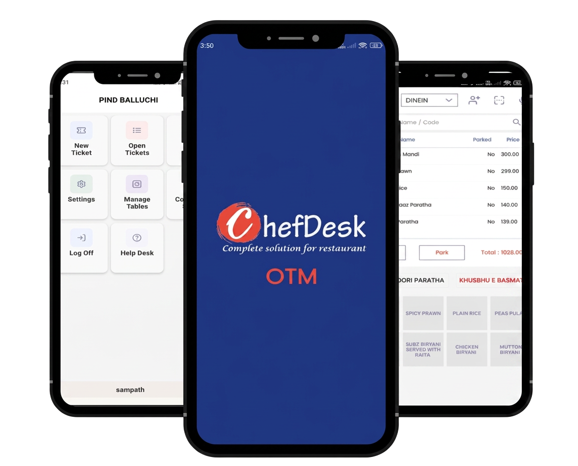 ChefDesk OTM Captain Ordering App shown on three Android phones